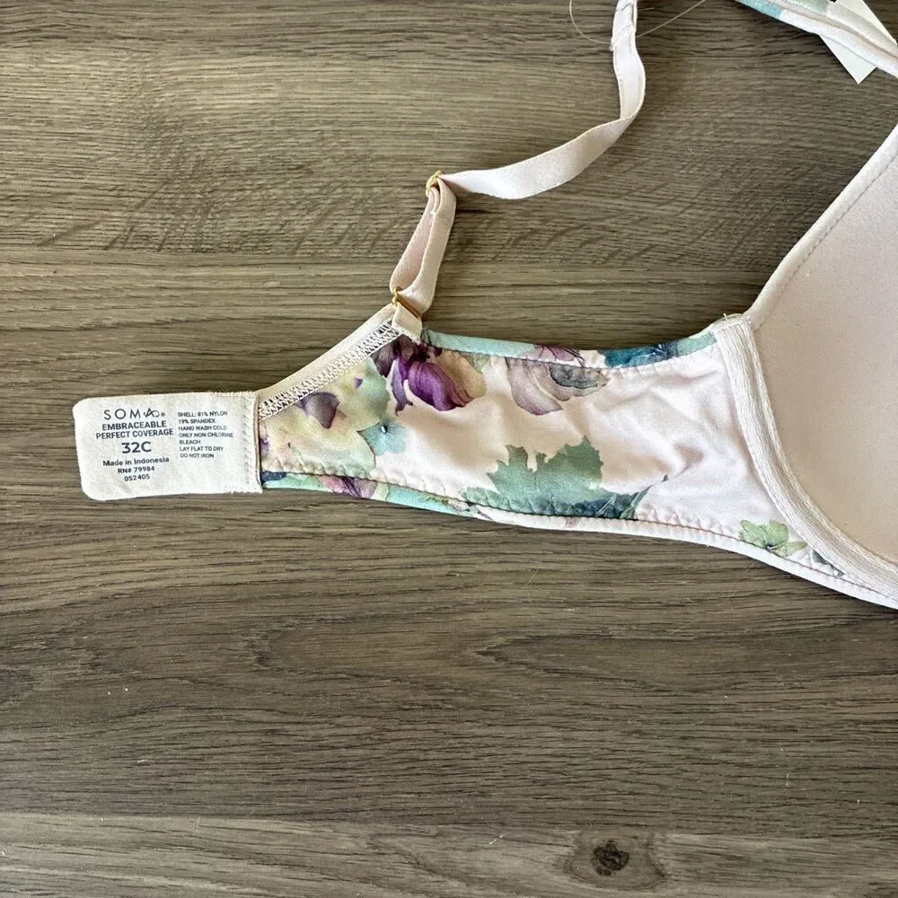 NWT Soma Embraceable Perfect Coverage, Size 32C, Mystical Blooms M Rose, Floral